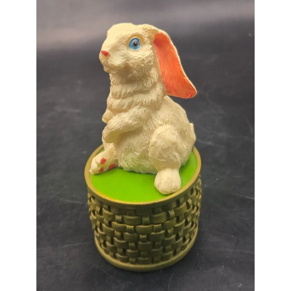 Vintage Bunny Rabbit On Top of a Basket Trinket Box Figurine White Rabbit